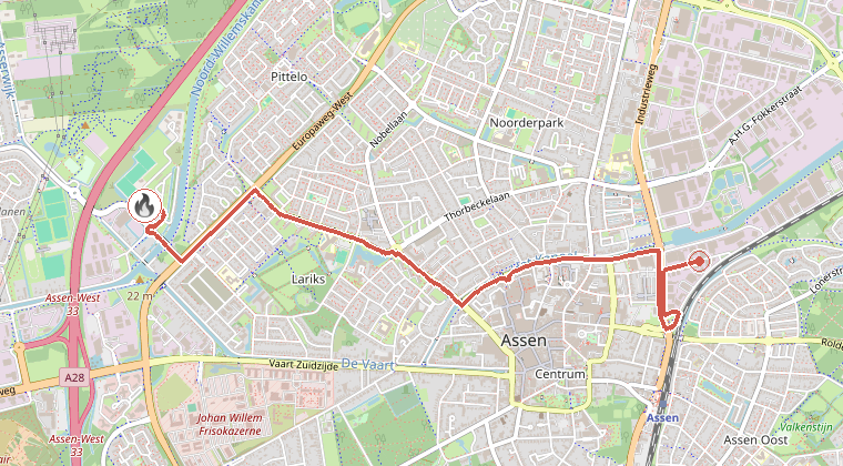 Kaart van de omgeving van de melding, met de kazerne die is gealarmeerd