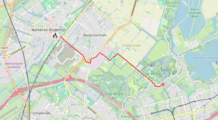 Kaart van de omgeving van de melding, met de kazerne die is gealarmeerd