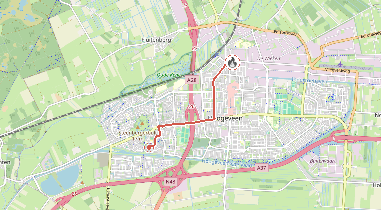 Kaart van de omgeving van de melding, met de kazerne die is gealarmeerd