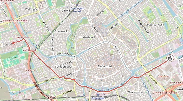 Kaart van de omgeving van de melding, met de kazerne die is gealarmeerd