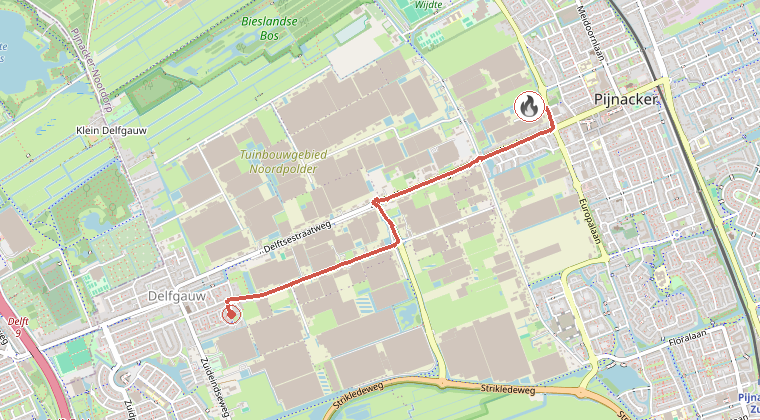 Kaart van de omgeving van de melding, met de kazerne die is gealarmeerd