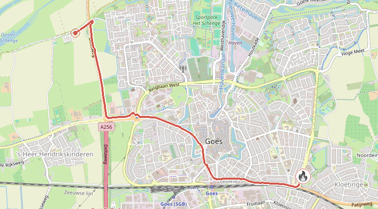 Kaart van de omgeving van de melding, met de kazerne die is gealarmeerd