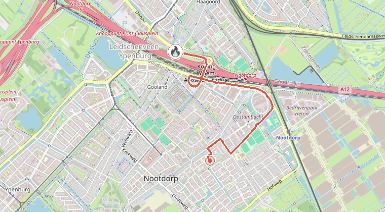 Kaart van de omgeving van de melding, met de kazerne die is gealarmeerd