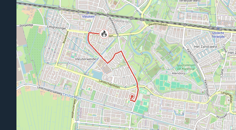 Kaart van de omgeving van de melding, met de kazerne die is gealarmeerd