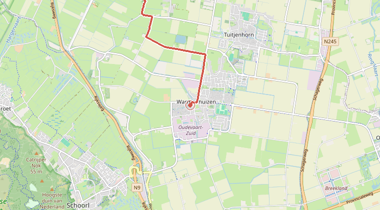 Kaart van de omgeving van de melding, met de kazerne die is gealarmeerd