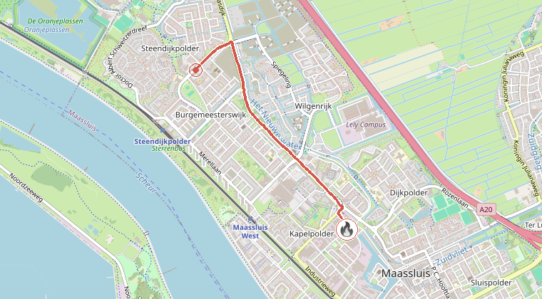 Kaart van de omgeving van de melding, met de kazerne die is gealarmeerd