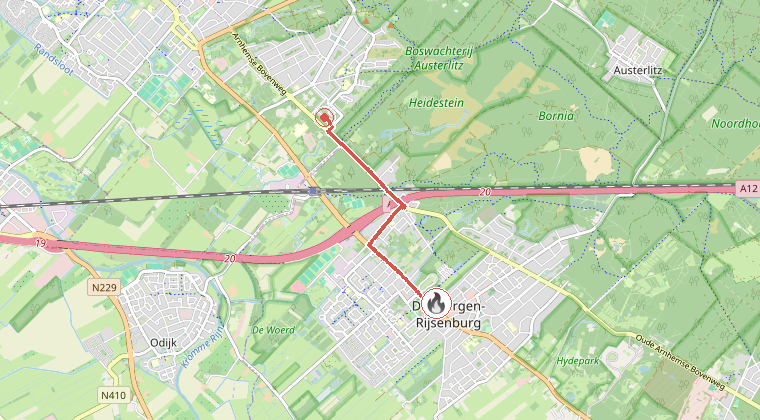 Kaart van de omgeving van de melding, met de kazerne die is gealarmeerd
