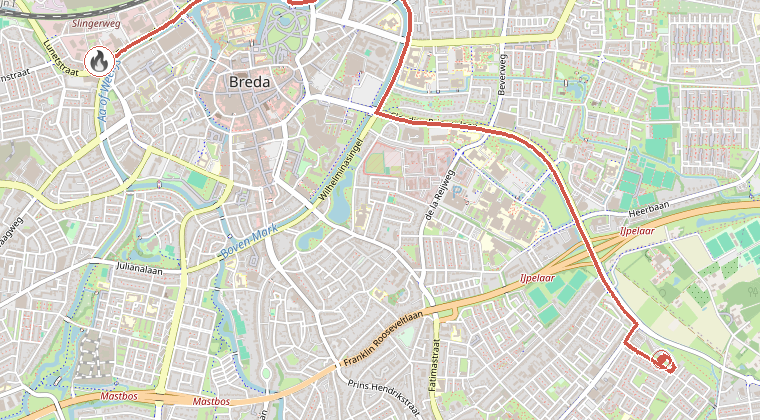 Kaart van de omgeving van de melding, met de kazerne die is gealarmeerd