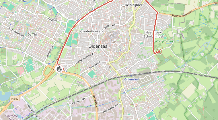 Kaart van de omgeving van de melding, met de kazerne die is gealarmeerd