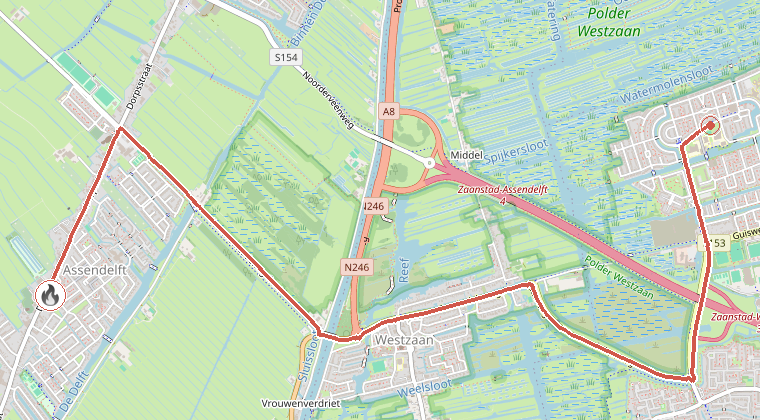 Kaart van de omgeving van de melding, met de kazerne die is gealarmeerd