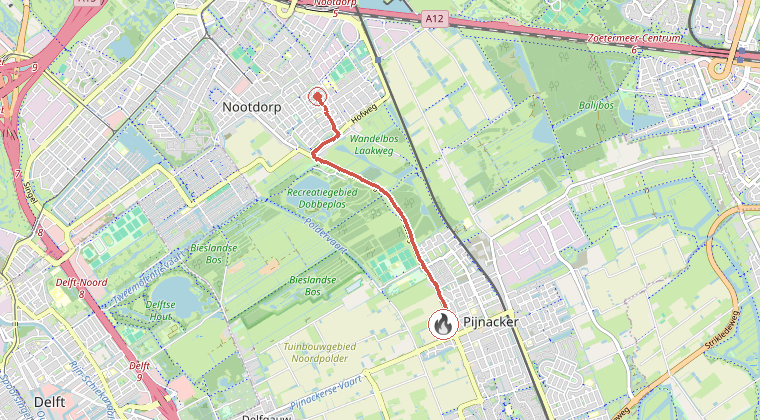 Kaart van de omgeving van de melding, met de kazerne die is gealarmeerd