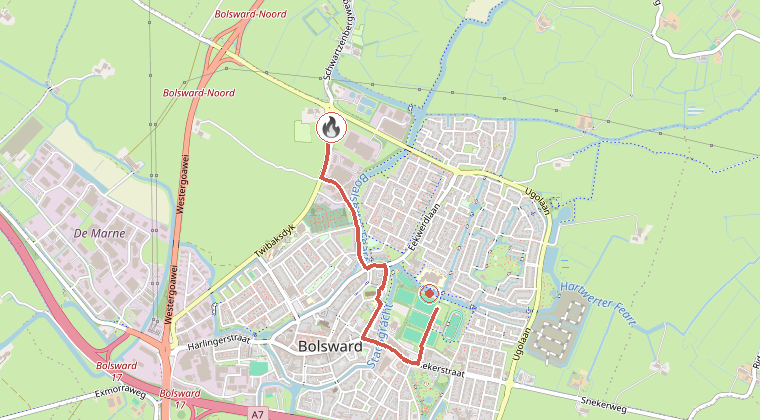 Kaart van de omgeving van de melding, met de kazerne die is gealarmeerd