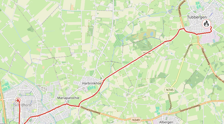 Kaart van de omgeving van de melding, met de kazerne die is gealarmeerd