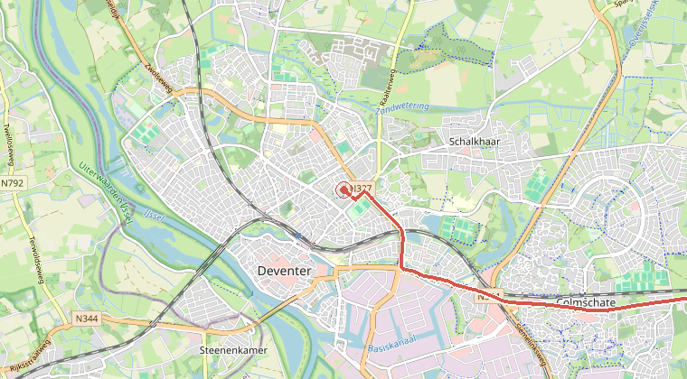 Kaart van de omgeving van de melding, met de kazerne die is gealarmeerd