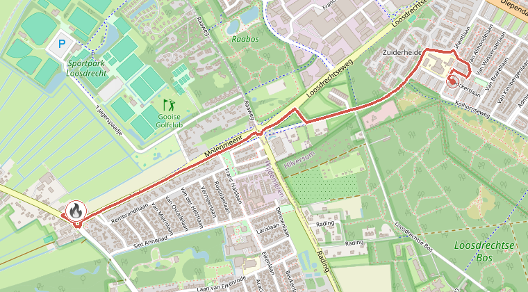Kaart van de omgeving van de melding, met de kazerne die is gealarmeerd