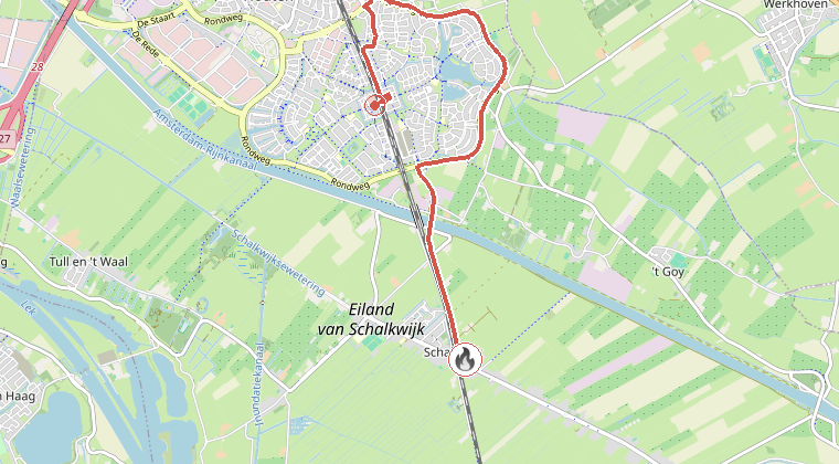 Kaart van de omgeving van de melding, met de kazerne die is gealarmeerd