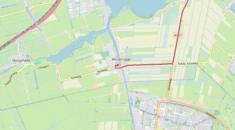 Kaart van de omgeving van de melding, met de kazerne die is gealarmeerd