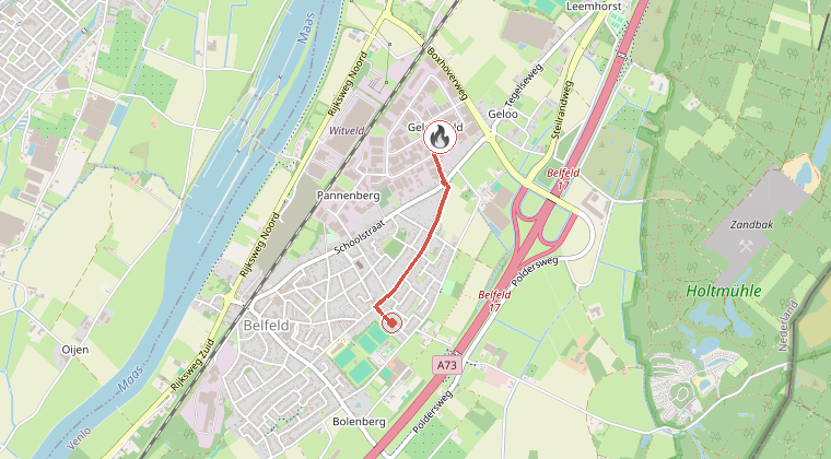 Kaart van de omgeving van de melding, met de kazerne die is gealarmeerd