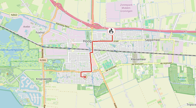 Kaart van de omgeving van de melding, met de kazerne die is gealarmeerd