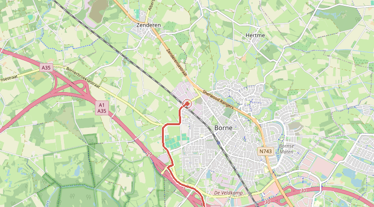 Kaart van de omgeving van de melding, met de kazerne die is gealarmeerd