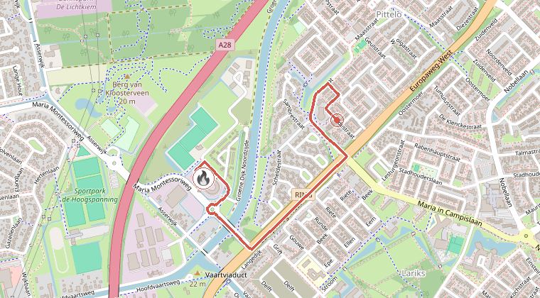 Kaart van de omgeving van de melding, met de kazerne die is gealarmeerd
