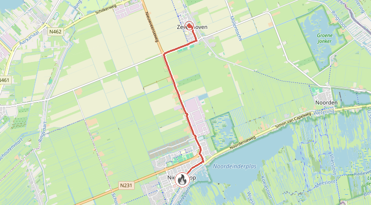 Kaart van de omgeving van de melding, met de kazerne die is gealarmeerd