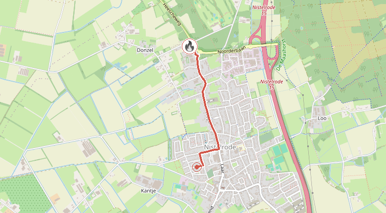 Kaart van de omgeving van de melding, met de kazerne die is gealarmeerd