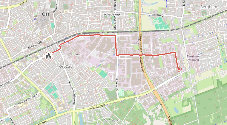 Kaart van de omgeving van de melding, met de kazerne die is gealarmeerd