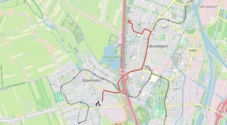 Kaart van de omgeving van de melding, met de kazerne die is gealarmeerd