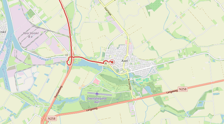 Kaart van de omgeving van de melding, met de kazerne die is gealarmeerd
