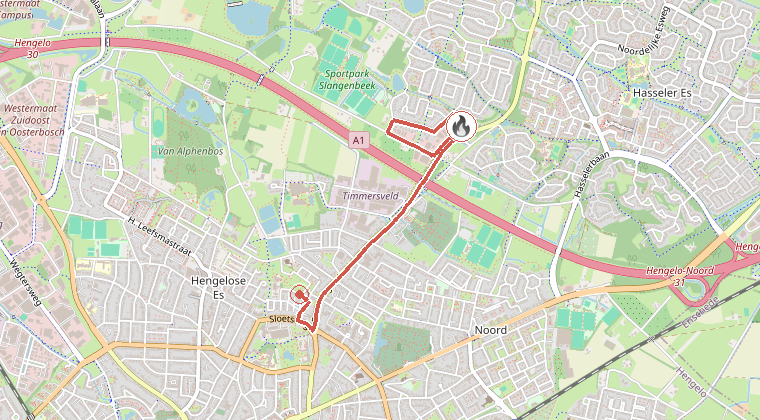 Kaart van de omgeving van de melding, met de kazerne die is gealarmeerd