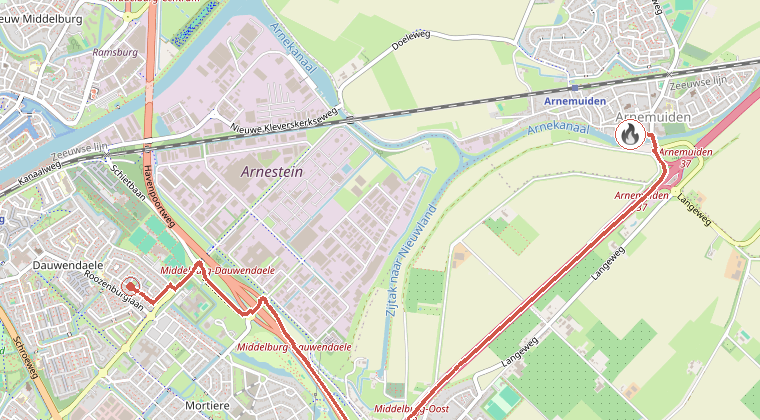 Kaart van de omgeving van de melding, met de kazerne die is gealarmeerd