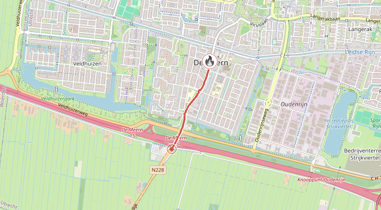 Kaart van de omgeving van de melding, met de kazerne die is gealarmeerd