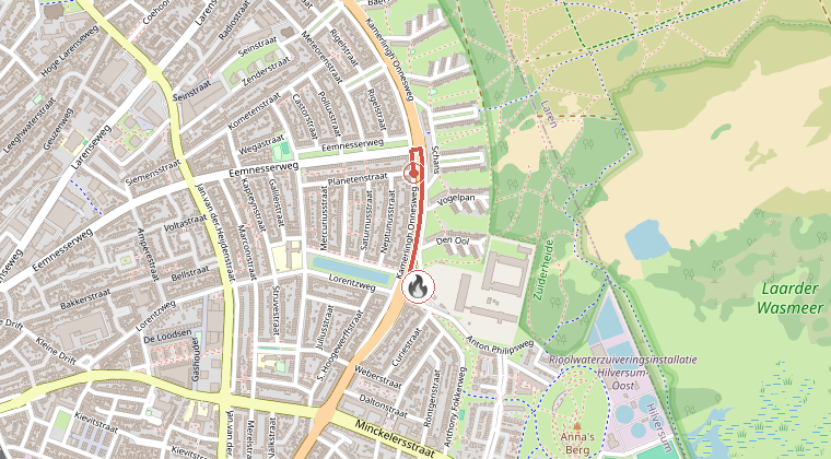 Kaart van de omgeving van de melding, met de kazerne die is gealarmeerd