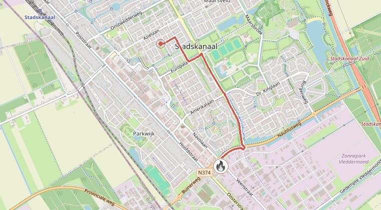 Kaart van de omgeving van de melding, met de kazerne die is gealarmeerd