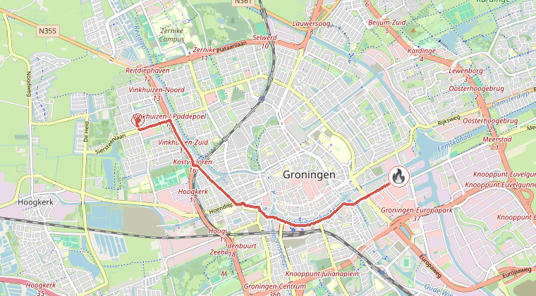 Kaart van de omgeving van de melding, met de kazerne die is gealarmeerd