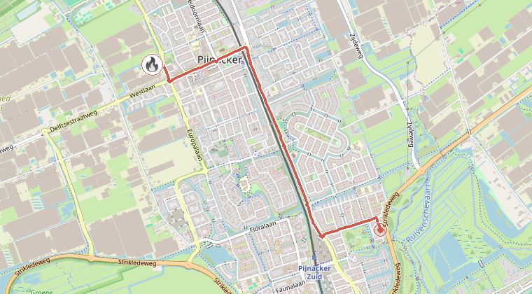 Kaart van de omgeving van de melding, met de kazerne die is gealarmeerd
