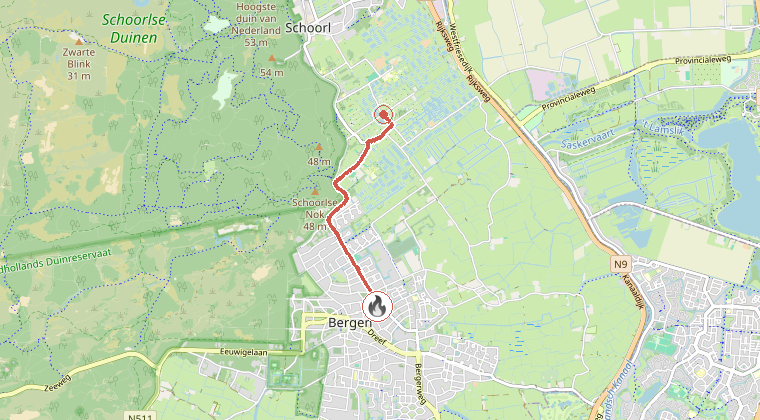 Kaart van de omgeving van de melding, met de kazerne die is gealarmeerd