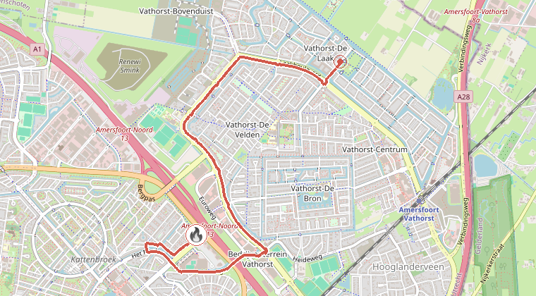 Kaart van de omgeving van de melding, met de kazerne die is gealarmeerd