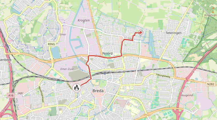 Kaart van de omgeving van de melding, met de kazerne die is gealarmeerd