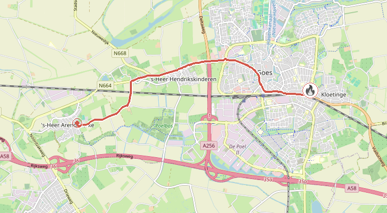 Kaart van de omgeving van de melding, met de kazerne die is gealarmeerd