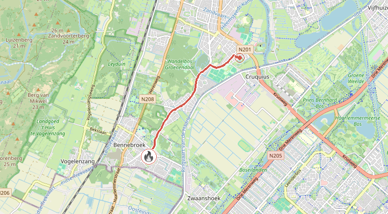 Kaart van de omgeving van de melding, met de kazerne die is gealarmeerd