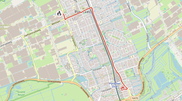 Kaart van de omgeving van de melding, met de kazerne die is gealarmeerd