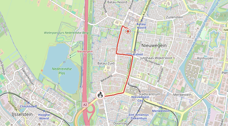 Kaart van de omgeving van de melding, met de kazerne die is gealarmeerd