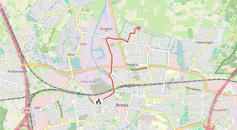 Kaart van de omgeving van de melding, met de kazerne die is gealarmeerd