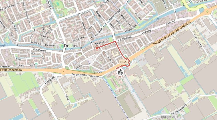 Kaart van de omgeving van de melding, met de kazerne die is gealarmeerd