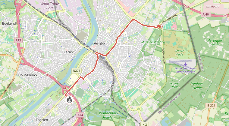 Kaart van de omgeving van de melding, met de kazerne die is gealarmeerd