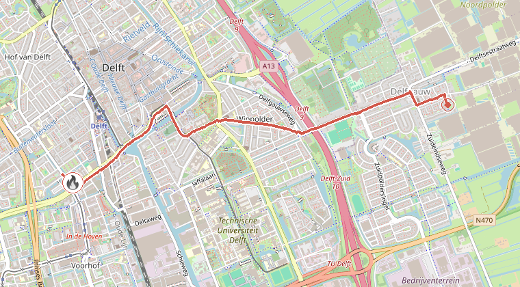 Kaart van de omgeving van de melding, met de kazerne die is gealarmeerd