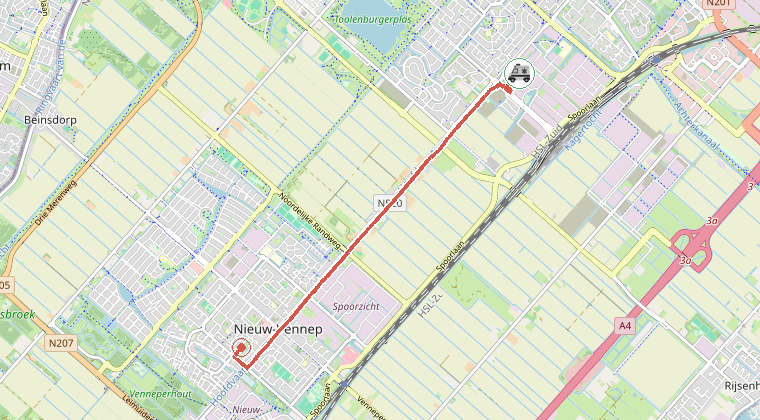 Kaart van de omgeving van de melding, met de kazerne die is gealarmeerd