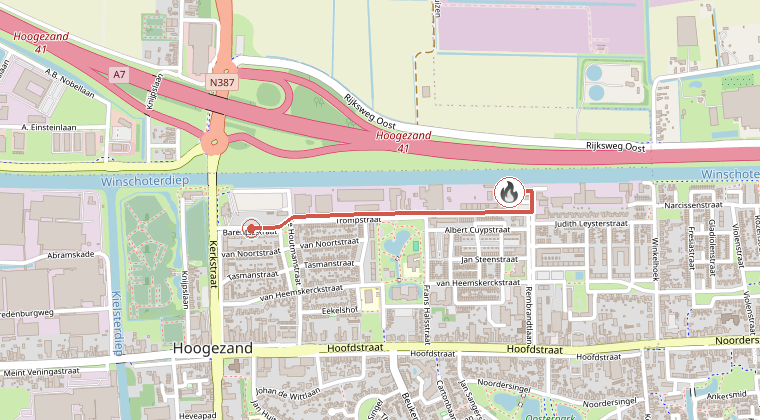 Kaart van de omgeving van de melding, met de kazerne die is gealarmeerd